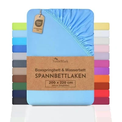 Immagine di NatureMark Lenzuolo con angoli elasticizzati Basic per materasso a molle e ad acqua, 200 x 220 cm, 40 cm di altezza, 100% cotone, colore: blu chiaro