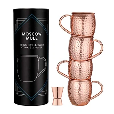 Immagine di Navaris 4X Boccale per Moscow Mule Set Bicchieri 500ml in Acciaio Rivestito Rame e Ampia Impugnatura 1x Misurino Jigger Cocktail Birra Drink