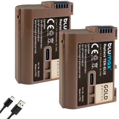 Immagine di 2 batterie di ricambio per Nikon EN EL15, 2600 mAh, EL15c EL15b EL15a con presa ricarica USB tipo C Z5 D850 D7500 Z8 Z7 II Z6 III Zf