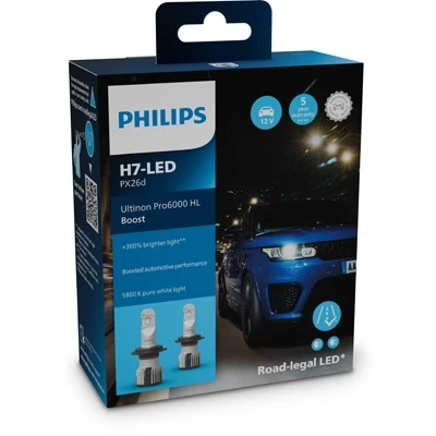 Immagine di Philips Ultinon Pro6000 Boost H7 LED, lampadina LED omologata*, fino al 300% di luminosità in più**, 5.800K, design compatto, set 2