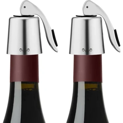 Immagine di OWO tappi bottiglie vino,tappo per vino in acciaio inox con guarnizione silicone, tappo riutilizzabile, mantiene il fresco (Argento, 2 pezzi)