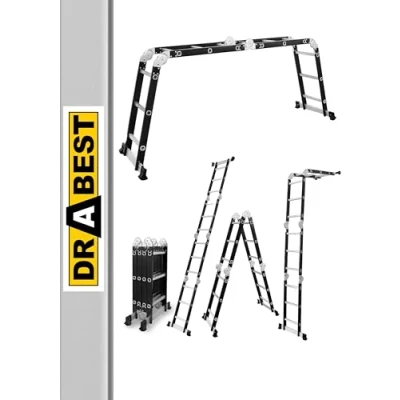 Immagine di DRABEST Scala Pieghevole Universale Multifunzionale Articolata 4x3 Gradini Costruzione Solida Alluminio + Acciaio Carico Massimo 125kg 0,32x0,98x0,25m