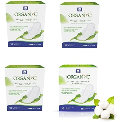 Immagine di Organyc Assorbenti Notte con Ali in Cotone Certificato 100% Biologico, 4 Confezioni da 10 Unità , Totale 40