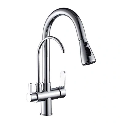 Immagine di 3 Vie Rubinetto Cucina Per Sistemi Osmosi, Ottone Girevole a 360Miscelatore E Fredda Calda Regolabile Rubinetto, Con Doccetta Estrabile &amp; Spruzzo 2 Modalità Depuratore, Nero, Moderno