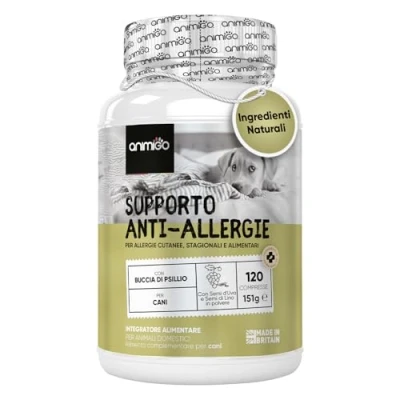 Immagine di Integratore Cane per Allergie Cutanee, Ambientali e Alimentari, Supporto Sistema Immunitario ed Intestino, 120 Compresse Aroma di Pollo con Semi Uva, Zucca Lino Fonte Omega 3