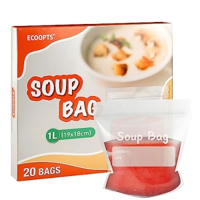 Immagine di ECOOPTS sacchetti sigillati per congelatore da 1 litro, riutilizzabili, zuppe e salse, liquidi (confezione 20)