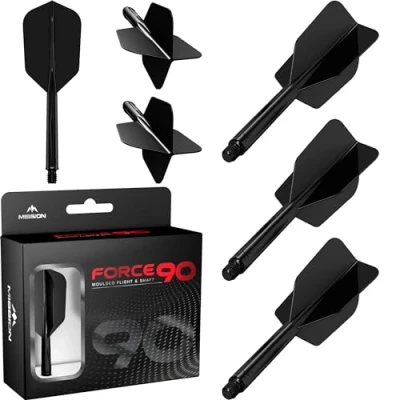 Immagine di Mission Darts Force 90 Freccette con sistema integrato di precisione e asta, confezione da 3 alette steli combinati 2 in 1 professionali altamente durevoli Slim (nero, Tweenie)