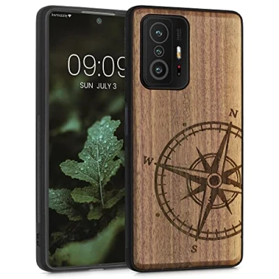 Immagine di kwmobile Custodia Compatibile con Xiaomi 11T / Pro Cover Back Case in Legno Bumper Silicone TPU Bussola vintage marrone scuro