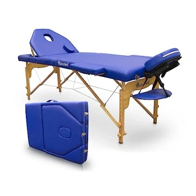 Immagine di QUIRUMED Lettino pieghevole in legno Pro, 194 x 70 cm, con schienale ribaltabile, colore blu, ecopelle, foro viso, testa rimovibile, altezza regolabile, fino a 150 kg