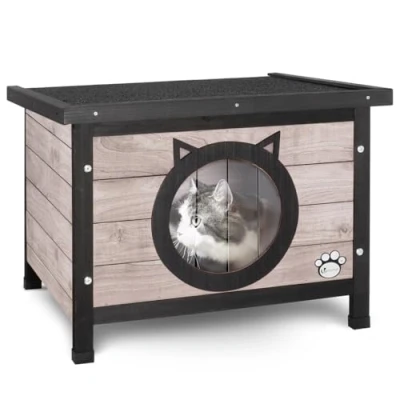 Immagine di VOUNOT Casetta per Gatti in Legno con Porta Design Orecchie di Gatto, Cuccia da Esterno Casa e Tetto 57 x 45 43 cm, Grigio