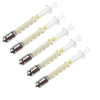 Immagine di Confezione da 5 siringhe in vetro con tappi, siringa riutilizzabile 1 ml, luer lock metallo, campionatore per laboratorio