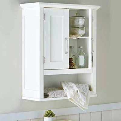 Immagine di BAKAJI Mobiletto Bagno Armadietto a Muro 3 Ripiani in Legno MDF Doppia Anta con Apertura Centrale Dimensione 53 x 21,5 63,5 cm (Bianco)