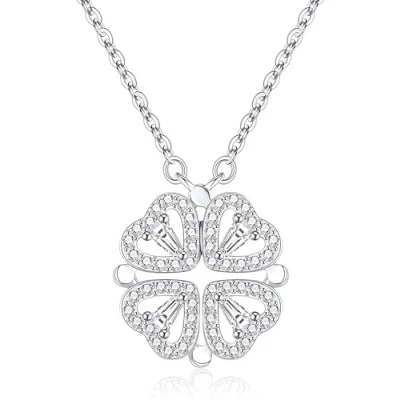 Immagine di Collana Donna,Collana di Quadrifoglio Portafortuna Zirconi Cuore Gioielli in Argento Acciaio Regalo per Lei Moglie Festa della Mamma Anniversario Natale Valentin&#039;s Day (argento)