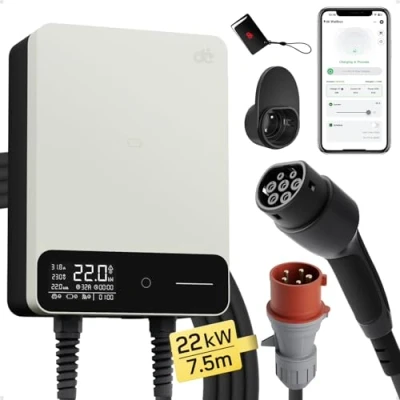 Immagine di dé Wallbox 22kW [7,5m, 6 32A, Trifase 400V] Colonnina Ricarica Auto Elettrica con Cavo Tipo 2 da 7,5 m e Supporto, EV Stazione di Ricaric RCD B Protezione IP55, per BEV/PHEV
