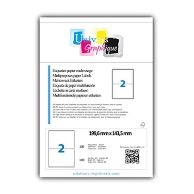 Immagine di UniversGraphique, 100 Etichette Adesive A5 su Fogli A4, Colore Bianco, 199.6 x 143.5 mm, 50, 2 per Foglio, Ref UGEA402 l7168