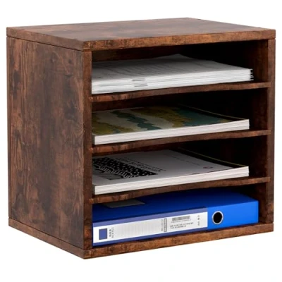 Immagine di EasyPAG Scrivania in legno a 4 ripiani, formato A4, per ufficio, organizer documenti, riviste, archiviazione, colore: marrone