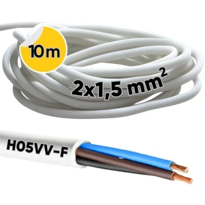 Immagine di Kalitec H05VV F Tubo flessibile da 10 metri, 2 x 1,5 mm², cavo di alimentazione senza conduttore protezione, in PVC per interni, elettrico bianco, lampada flessibile,