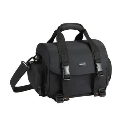 Immagine di Amazon Basics Borsa a Tracolla per Fotocamere SLR e Accessori, Grande, Cinghia Regolabile, Impermeabile, Antishock, Tinta unita, Imbottito Nero/Arancione