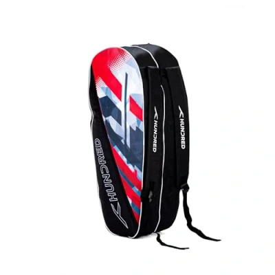 Immagine di HUNDRED Ideal Badminton and Tennis Racquet Kit Bag (Black, Size: Large/6 in 1) Material: Polyester 2 Compartment with Side Pouch Easy Carry Handle Padded Back Straps Front Zipper Pocket