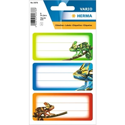Immagine di HERMA 5876 Etichette per libri da scrivere, camaleonte, 9 pezzi, 76 x 35 mm, autoadesive, a righe, scuola, bambini, ragazze, ragazzi, multicolore