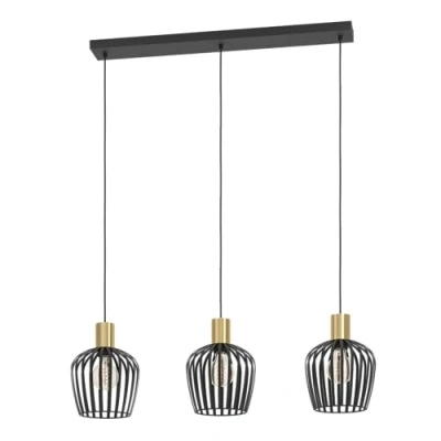 Immagine di Eglo Empoli lampadario a 3 luci per il tavolo da pranzo, lampada sospensione sala design rétro, in metallo nero e ottone, con attacco E27