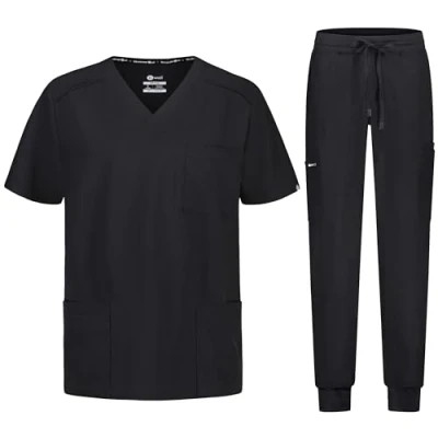 Immagine di B well MATTEO Divisa Sanitaria Uomo Elastica Uniforme Set con Casacca e Pantalone Jogger Divise Sanitarie Spandex, Nero, XL