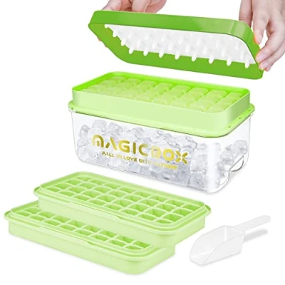 Immagine di Stampo Ghiaccio con Coperchio, Rilascia Tutti i 64 Cubetti in un Secondo, per uso Alimentare senza BPA (Verde Ice Maker)