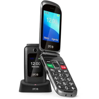 Immagine di SPC Magnus Cellulare flip per anziani con tasti grandi, configurazione remota, compatibile apparecchi acustici, suoneria ad alto volume, doppio schermo, pulsante SOS, base di ricarica USB C Nero