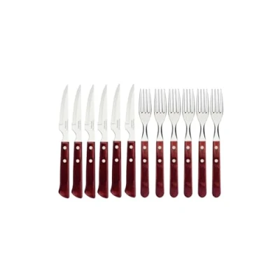 Immagine di Tramontina Set di posate da bistecca Spanish Style, 12 pezzi, con 6 coltelli e forchette bistecca, in acciaio inox, manico vero legno rosso, FSC