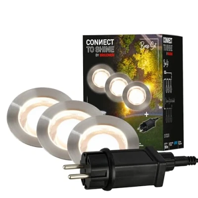 Immagine di Briloner Sistema da giardino Connect to Shine 12V, set di 3 faretti incasso a LED, base con trasformatore, IP67, luce bianca calda, illuminazione giardino, 45x 25 mm, colore argento