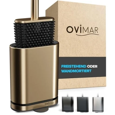 Immagine di Scopino per WC Amager Ovimar Oro in silicone con ventilazione Acciaio inossidabile Vassoio raccogligocce rimovibile Solo 6 cm di larghezza
