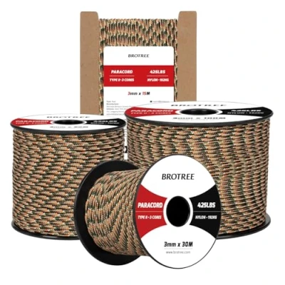 Immagine di Brotree Paracord 3mm 50M Corda 100% Nylon Tipo II 3 Fili 425 per Esterno, Artigianato, Fatto a Mano 192 kg Carico di Rottura (Nascosto Camo)