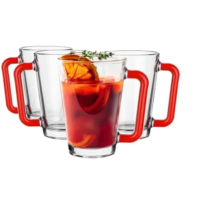 Immagine di Glasmark KROSNO, 250ml, set da 4, di bicchieri, tazze vetro, bicchieri in vetro con manico, orecchio colorato, bicchiere, tazza, tazza cornetta, lavabile lavastoviglie