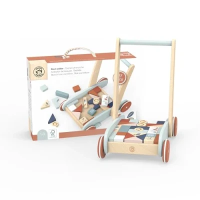 Immagine di Speedy Monkey SP1005 Girello con mattoncini e Sistema frenante per Una Maggiore Sicurezza, 34,9 x 24,9 40 cm, Giocattolo in Legno Bambini, Dettagli curati, Ottima Idea Regalo