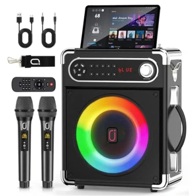 Immagine di JYX Casse karaoke con 2 microfoni wireless, Altoparlante portatile Bluetooth per completo supporto controllo bassi/alti TF/USB, AUX IN, FM, REC