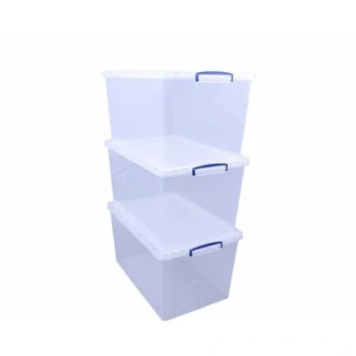 Immagine di Really Useful Contenitore impilabile in plastica, 83 litri, confezione da 3, trasparente