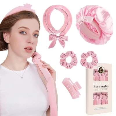 Immagine di 5 Pcs Ferro Arricciacapelli Senza Calore, Bigodini per Styling Capelli, Set di Capelli e Cuffia,Fascia Morbida Curler Medi Lunghi Rosa