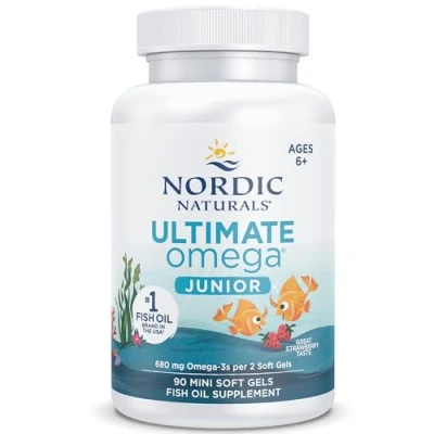 Immagine di Nordic Naturals, Ultimate Omega 3 JR, 680 mg di 3, per Bambini, Gusto Fragola, con EPA e DHA, 90 Capsule molli, Testato in Laboratorio, Senza Soia, Glutine, Non OGM