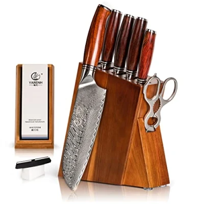 Immagine di YARENH Set Coltelli da Cucina con Ceppo Coltelli, Pietra per Affilare e Forbici, 73 Strati Acciaio Damasco Manico in Sandalo, Coltello Professionali Chef, 8 Pezzi