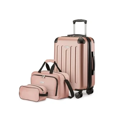 Immagine di Amazon Basics Set di Valigie Rigide, 3 pezzi, Trolley, Borsa a mano, da viaggio compatta, Espandibili, 4 Ruote Girevoli, Oro Rosa