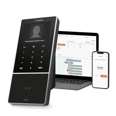 Immagine di TimeMoto TM—838 MC Rilevatore di presenza basato su cloud, con schede accesso contactless, badge/portachiavi RFID, PIN, 2.000 utenti, registri orari, report delle ore lavorate, Wi Fi