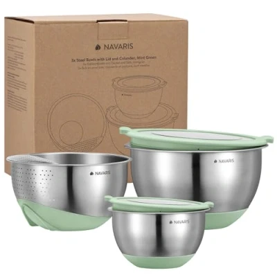 Immagine di Navaris Set 2 Ciotole in Acciaio Inox Alimenti Colino Insalatiera con Coperchio Piccola Grande Ciotola Insalata Contenitore Lievitazione Pizza Boule Cucina Bowl 1,4L 4,7L