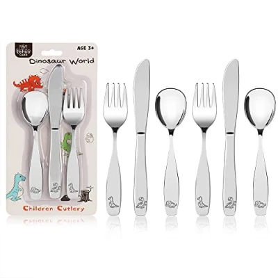 Immagine di Lehoo Castle Posate Bambini 6 Pezzi, Set in Acciaio Inox 2 x Forchetta, Coltelli, Cucchiai, per Acciaio(Dinosauro) (Argento) (Beige 2)