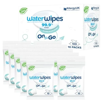 Immagine di WaterWipes On The Go, 100 Salviette (10 Confezioni), Umidificate al 99% a base di Acqua, Ideali per Viaggi, Progettate Viso e Corpo