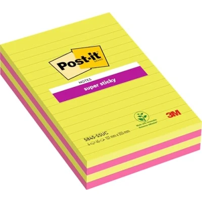 Immagine di Post it 51340 Super Sticky Foglietti a Righe, 45 Fogli, Confezione da 2 Blocchetti, 125 x 200 mm, Neon