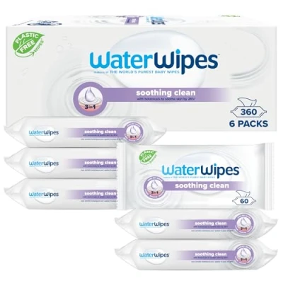 Immagine di WaterWipes Soothing salviette lenitive pulite per neonati, 360 (6 Confezione), con il 99% di acqua ed estratti botanici, umidificate viso e corpo