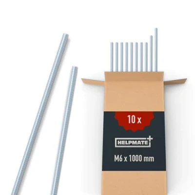 Immagine di HELPMATE Asta filettata M6 x 1000 mm in acciaio zincato 10 pezzi barra con filettatura metrica perno filettato classe di resistenza 4.8, DIN 976