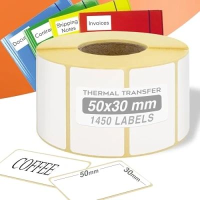 Immagine di GIANTO 1 Rotolo di Etichette Adesive 50 x 30 mm, Diametro Interno anima da 40 per Stampanti Termiche Universali compatibili con Zebra, Citizen Ufficio, Stampa Trasferimento Termico e Diretto
