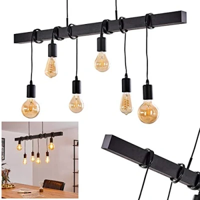 Immagine di lampada a sospensione Barbengo, in legno nero, 6 x E27, altezza 74 cm, vintage stile retrò, i cavi sul possono essere regolati piacere,senza lampadina/e