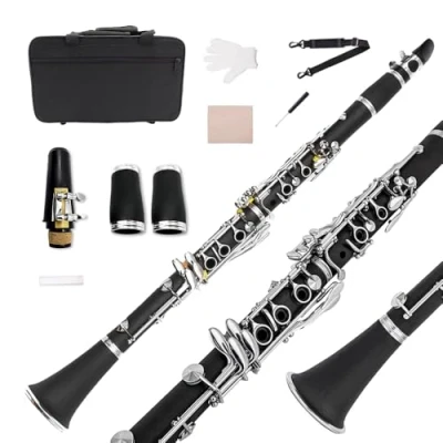 Immagine di Yinfente clarinetto piatto B in legno di ebanite a 2 barili con custodia tessuto, accessori per principianti, chiavi forti e nichelate, facile da soffiare fare un bel